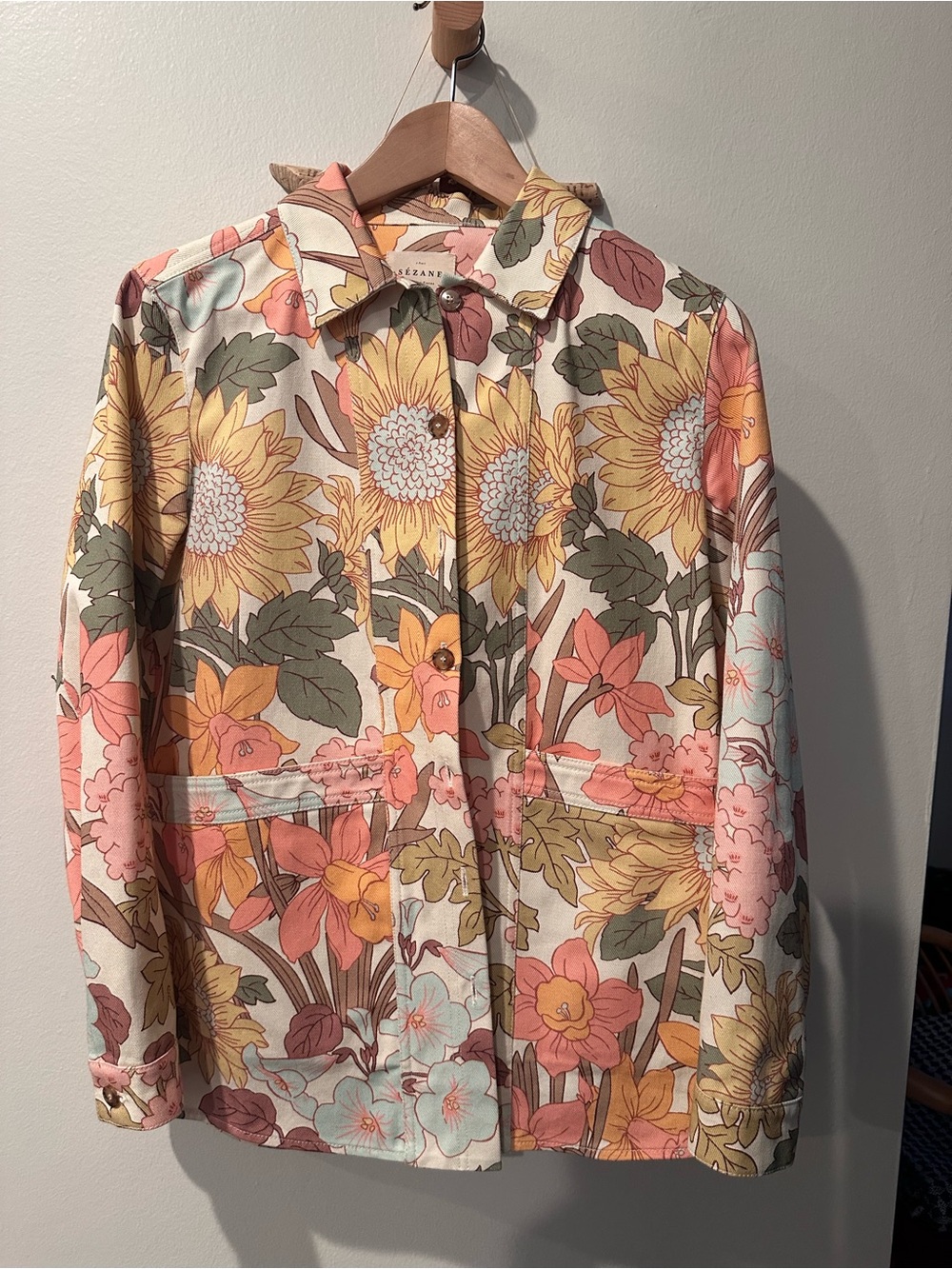 Sezane Floral Button-Down Shirt Jacket in Yellow, Pink, Green